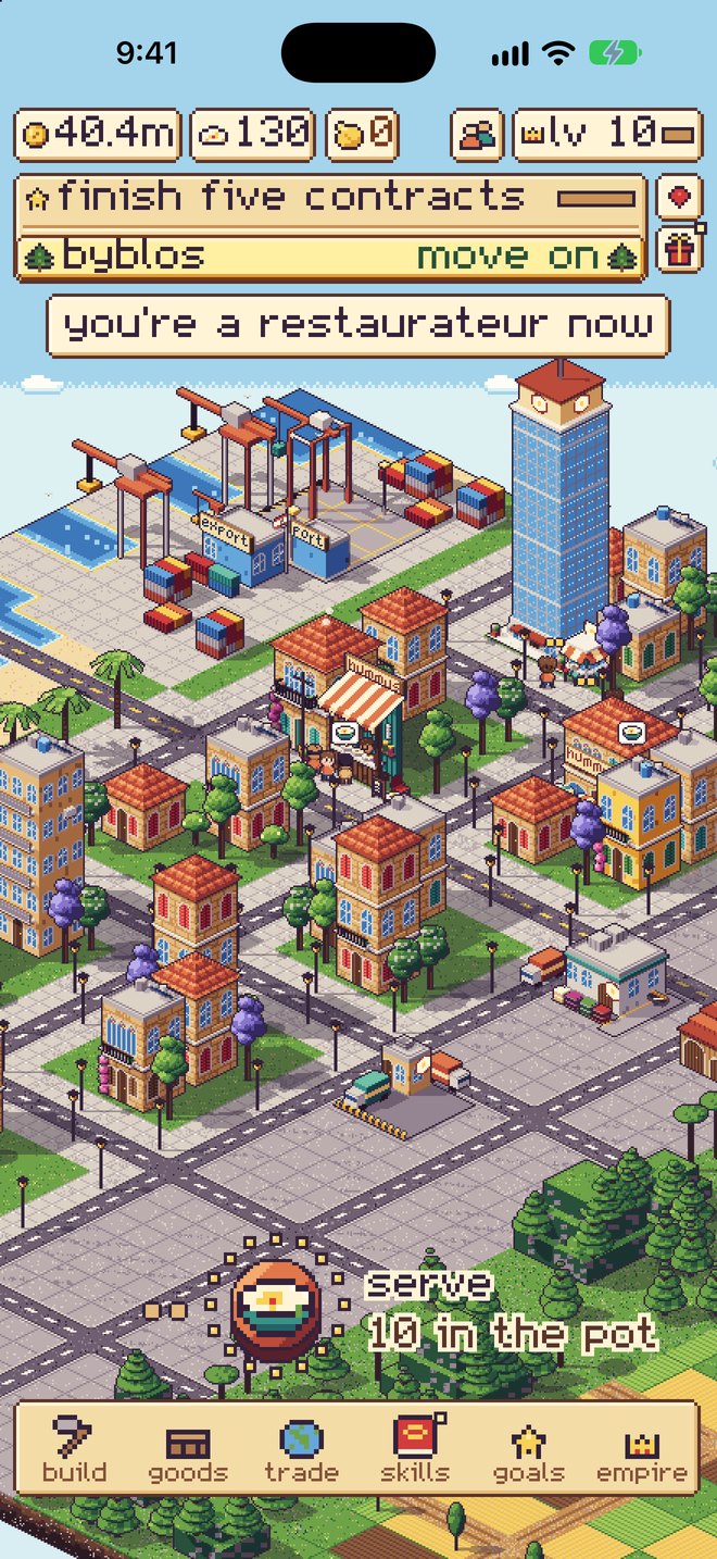 The game on an iPhone: a busy pixel hummus city seen from above